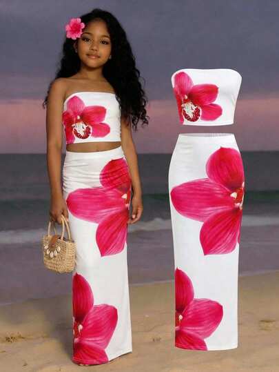 Tween Girls Floral Print Knit Tube Top + Long Skirt 2-Piece Set, Suitable For Vacation, Hawaii Trip, Family Matching, Sister Photo Shoot, Park, Camping, Party, Casual Daily Wear, Leisure Resort