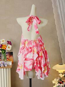 Nevyona Elegant White And Pink Floral Print Sleeveless Slim Dress,Ruffle Trim Star Decor Boho Summer Vacation Holiday Party Cocktail Sundress - Multicolor - View 3