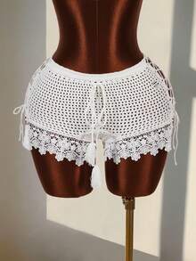 Amplova Pantalones cortos de punto con diseño de cruce y calados para vacaciones en la playa de mujer - Blanco - Ver 6