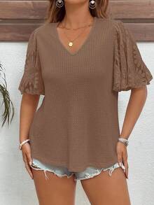 SHEIN Clasi Áo thun tay bồng phối họa tiết waffle dệt kim cỡ lớn thanh lịch - Màu nâu  Mocha - Xem 5