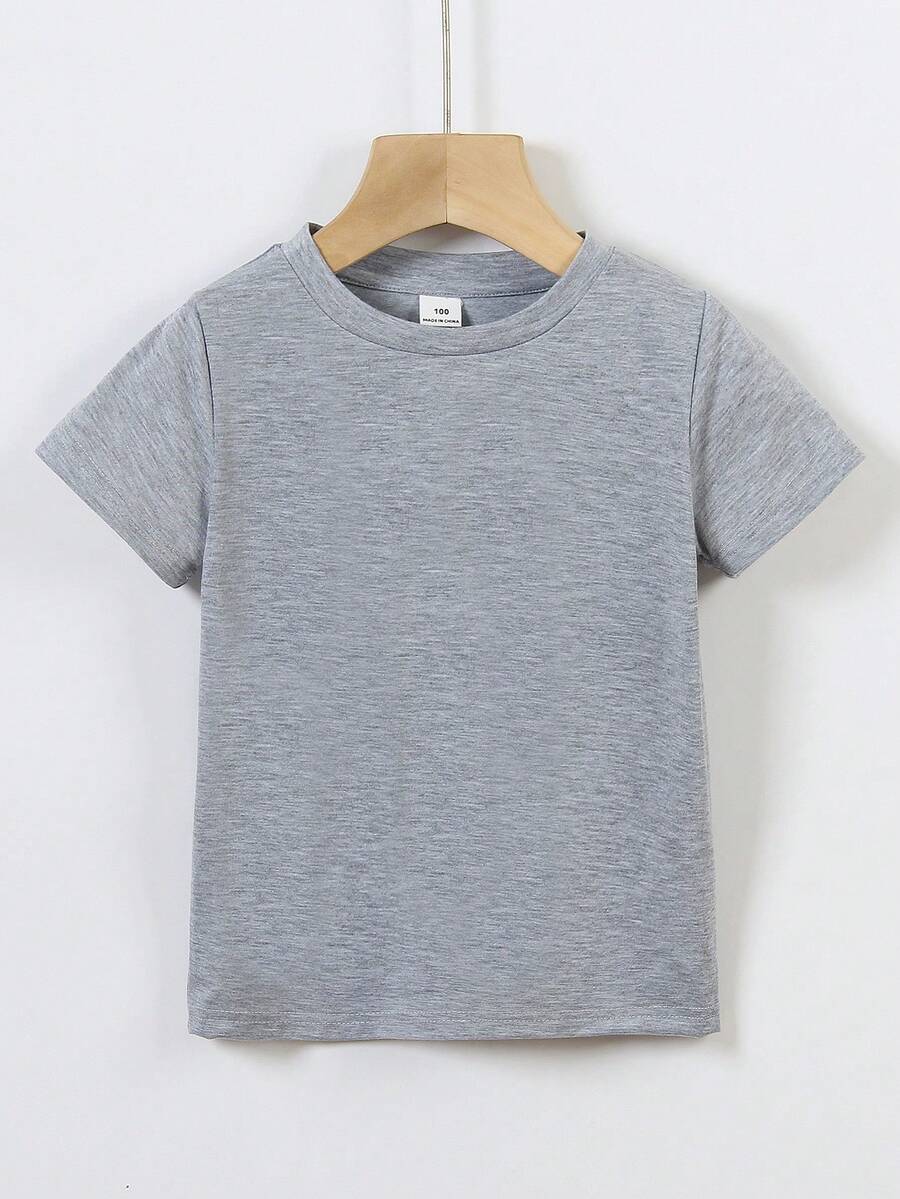 SHEIN Streecool Kids 男童纯色圆领短袖T恤，简约百搭夏季休闲装 - 灰色 - 查看 1