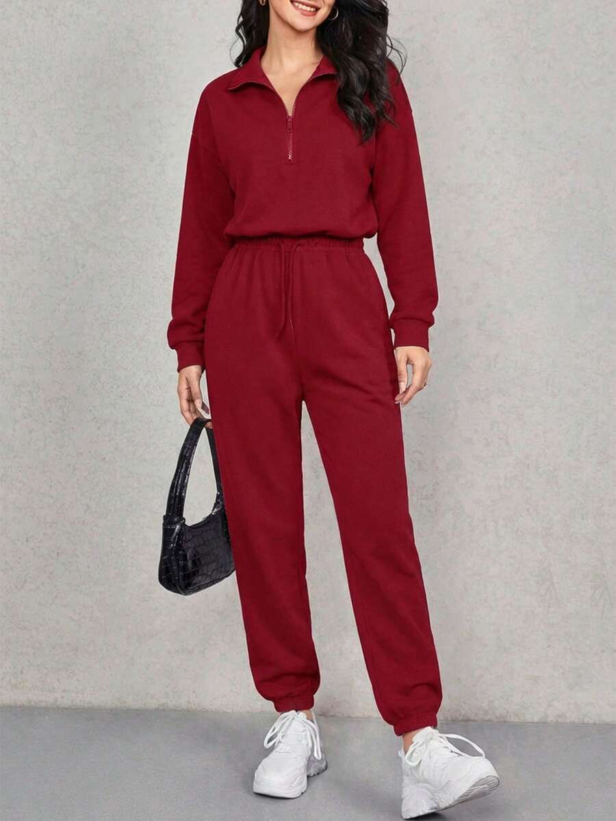 SHEIN Cottnline Women's Solid Color Sweatshirt And Sweatpants 2 Piece Set - Burgundy - View 1