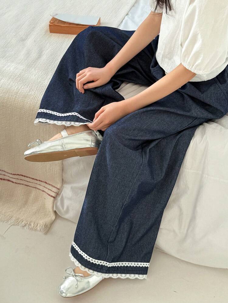 Tween Girls' Drawstring Waist Contrast Lace Pocket Wide Leg Loose Casual Jeans