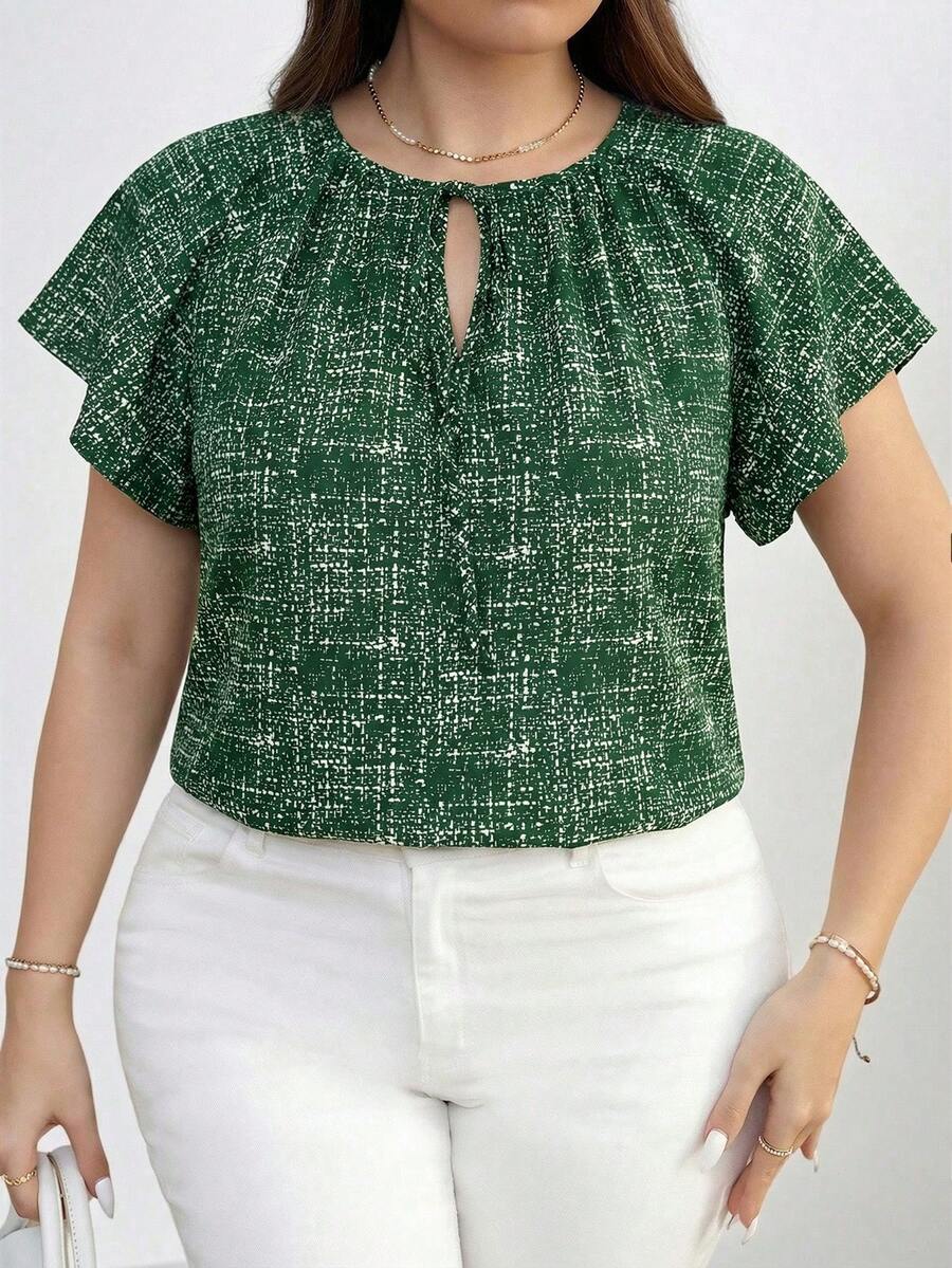 SHEIN Clasi Áo kiểu mùa hè cỡ lớn, kiểu dáng thường ngày, cổ khoét lỗ, tay bồng. - Màu xanh lá cây đậm - Xem 1