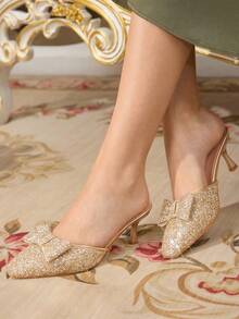 CUCCOO TILAWA Fashionable, Beautiful And Shiny High-Heeled Shoes For Women, Glite Bow Decoration, Luxurious Style, Banquet And Party Women's Shoes Valentine's Day - Gold - View 2