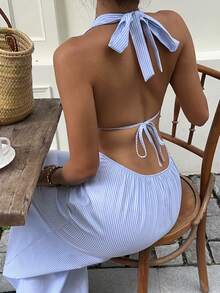 SHEIN Tall Blue & White Striped Cotton Fabric Deep V-Neck Halter Backless A-Line Maxi Dress, Tall Women Spring/Summer Commute Vacation Beach Romantic Minimalist Casual Versatile - Blue - View 6