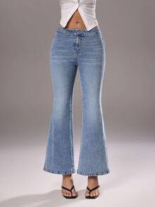 TRNVIE Celana Jeans Wanita Pinggang Tinggi Elastis dengan Potongan Mengembang - Light Wash - View 8