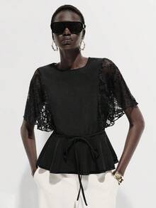 SHEIN Luminelle Women's Round Neck Lace Patchwork Flare Sleeve Cropped Ruffle Hem Blouse - Black - View 1