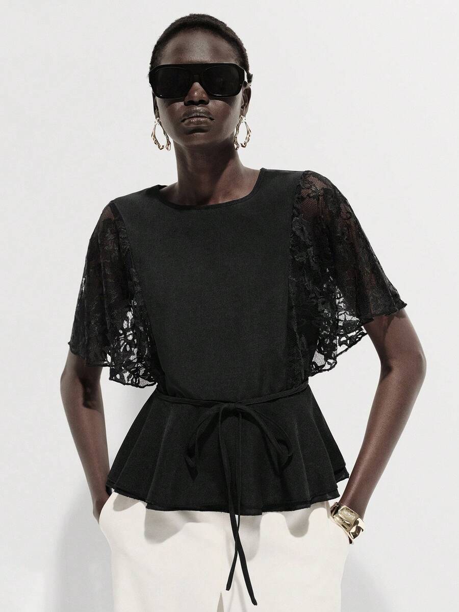 SHEIN Luminelle Women's Round Neck Lace Patchwork Flare Sleeve Cropped Ruffle Hem Blouse - Black - View 1