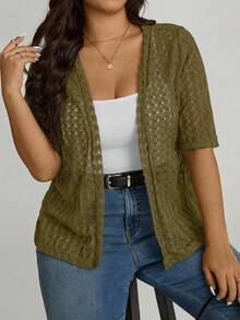 Comfylo Cárdigan casual de manga corta con abertura frontal, de punto jacquard de unicolor, talla grande - Marrón - Ver 8