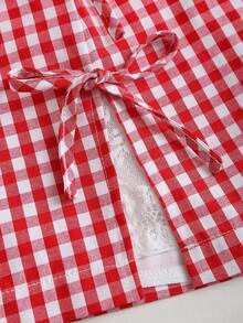 Sweetra Women's Sweet & Cool Red & White Plaid Side Tie A-Line Mini Skirt, Slimming, Spring/Summer - Red and White - View 4