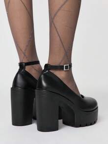 ROMWE Giày Mary Jane nữ bít mũi, quai chéo, kiểu Punk Goth, đế dày, quai cài, giày công sở chống thấm nước. - Khóa kim cương giả da màu đen - Xem 5