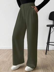 SHEIN Cottnline Women Solid Color Extra Wide Leg Pants - Army Green - View 4