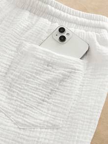Mainfolk Men's All White Casual Crinkle Gauze Elastic Waist Pants,Autumn Vacation Relaxed Fit Tapered Trousers,Lightweight Beach Wedding Yoga Bottoms - White - View 9
