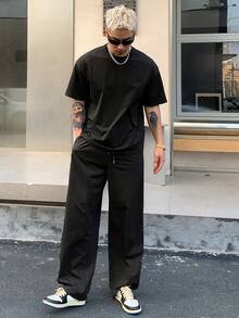 DAZY Men's Solid Color Short Sleeve Top And Long Pants 2 Pieces Set, Spring/Summer - Black - View 5