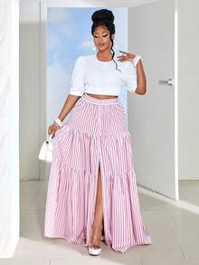 Maweii Plus Size Colorful Striped Open Front Elegant Date Skirt - Pink - View 3