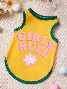 PETSIN 1pc Pink Letter Flower Print Pet Vest, Yellow Patchwork Green Casual Pet Clothing - Multicolor - View 1