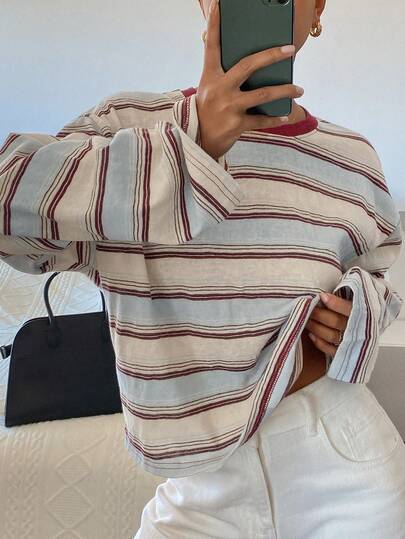 DAZY Women's Casual Loose Fit Colorblock Striped Round Neck Long Sleeve Sweatshirt, Spring/Autumn