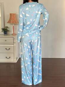 DAZY 两件套可爱小狗图案宽松长袖T恤和直筒长裤睡衣套装，春季女士睡衣 - 淺藍色 - 查看 2