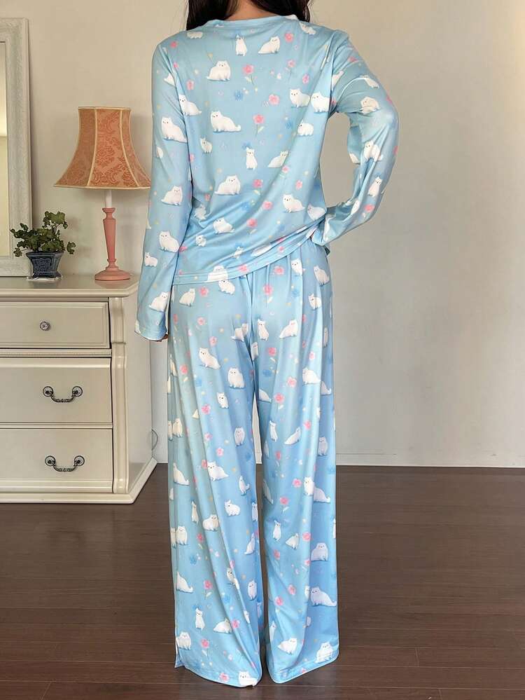 2pcs Cute Puppy Pattern Loose Long Sleeve T-Shirt And Straight Long Pants Pajama Set, Spring Women Sleepwear