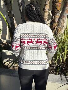 Tyla Gomez 女士休闲驯鹿图案圆领落肩长袖毛衣，秋冬 - 白色 - 查看 2