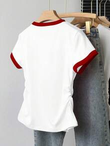 SHEIN Camiseta feminina casual para o dia a dia, com laço decorativo, manga curta e modelagem franzida, ideal para o verão. - Branco - Ver 2