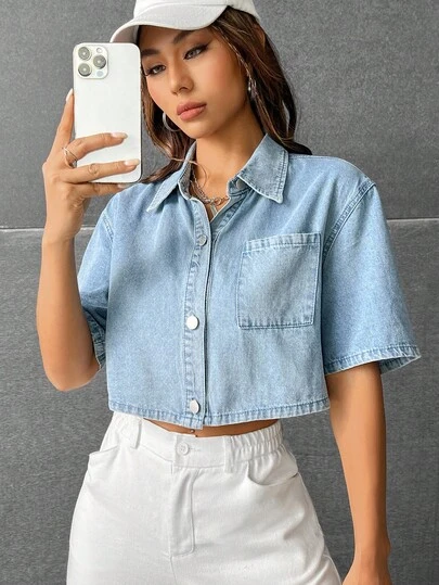 Solflare Plus Size Solid Color Drop Shoulder Short Sleeve Front Button Casual Denim Shirt, Versatile For Summer,Spring Break Outfits,Carnival Women Look 2026,Going Out Outfits, Holiday Outfits