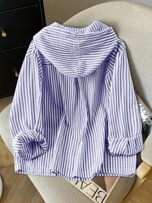 GlowEve CURVE 大码女士优雅条纹衬衫裙，轻盈宽松连帽卫衣，适合夏季和秋季穿着，女士休闲条纹衬衫，女士蝴蝶结衬衫，女士宽松衬衫，女士衬衫和上衣 - 淡紫色 - 查看 2