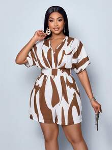 SOLERSUN Bộ áo liền quần tay cánh dơi có thắt lưng, in họa tiết ngẫu nhiên dành cho nữ, cỡ lớn. - Cà phê nâu - Xem 4