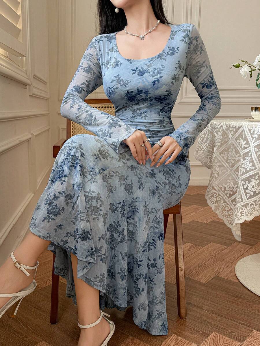 DAZY 女士优雅印花圆领系腰中长连衣裙,春夏吊带裙 - 藍色 - 查看 1