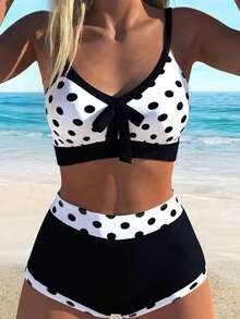 Swim Lushoire 2pcs/Set Women White With Black Polka Dots Bikini,High Waist Tummy Control Swimwear,Bowknot Off Shoulder Backless Summer Tropical Holiday Beach - Black and White - View 1