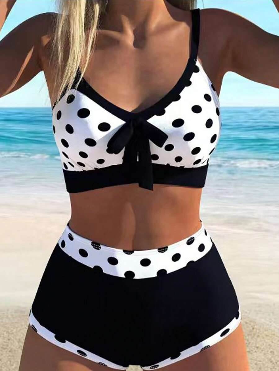 Swim Lushoire 2pcs/Set Women White With Black Polka Dots Bikini,High Waist Tummy Control Swimwear,Bowknot Off Shoulder Backless Summer Tropical Holiday Beach - Black and White - View 1