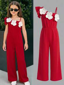 SHEIN Tween Girls' Elegant Commuting Evening Party 3D Floral Ruffle Strap Jumpsuit - Red - View 2