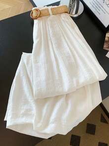 Franclia Petite Women's Casual Versatile Solid Color Wide Leg Pants With Belt - White - View 2