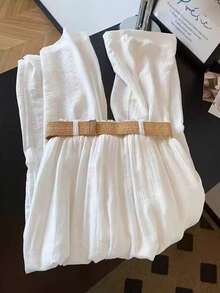 Franclia Petite Women's Casual Versatile Solid Color Wide Leg Pants With Belt - White - View 3