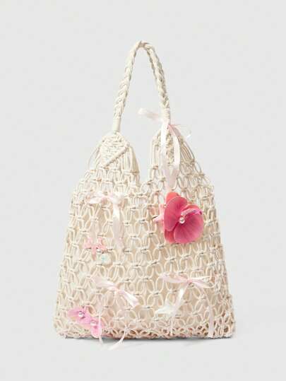 ROMWE Kawaii 时尚纯色珍珠镂空DIY发夹蝴蝶结甜美风编织假日风单肩女包