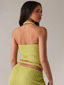 SHEIN BAE Mustard Green Beach Holiday Halter Neck Crochet Textured Seamless Bralette, Suitable For Beach Holiday, Green Seamless Bra, Summer Camisole, South France Holiday, Ibiza - Green - View 2