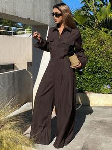 Livesso Women's Loose Business Casual Lightweight Jumpsuit With Large Pockets, Brown, Suitable For Office, Street Wear, Spring/Summer - Brown - View 4
