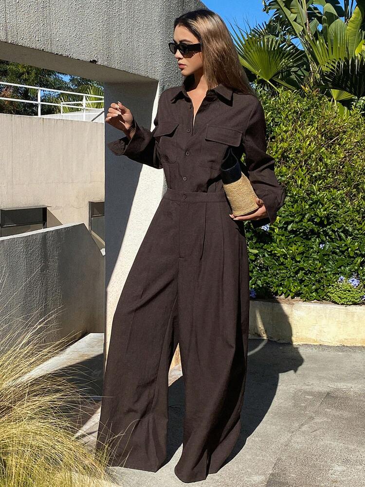 Mono informal y holgado para mujer con bolsillos grandes, color marrón, adecuado para la oficina, uso diario, mono de primavera/verano para mujer - Marrón - Añade 4