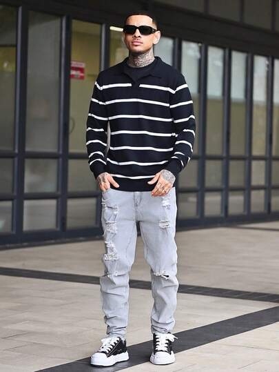 Devon Thys 男士长袖条纹飞机领针织毛衣，秋冬，垃圾摇滚风格