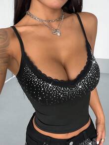 StreetHx Women's Street Style Lace Patchwork Rhinestone Embellished Fitted Camisole - Black - View 3