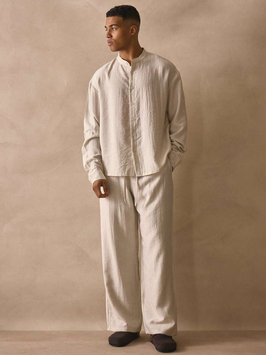 Musero Camisa básica de manga larga con cuello mao y botones de lino, esencial de primavera y verano para la playa - Albaricoque - Ver 1