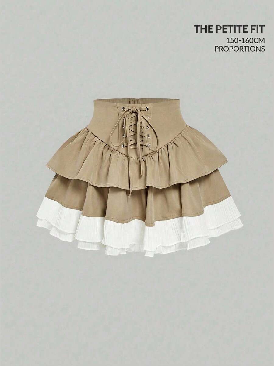 SHEIN MOD Petite 女士撞色简约休闲半身裙 - 卡其色 - 查看 1