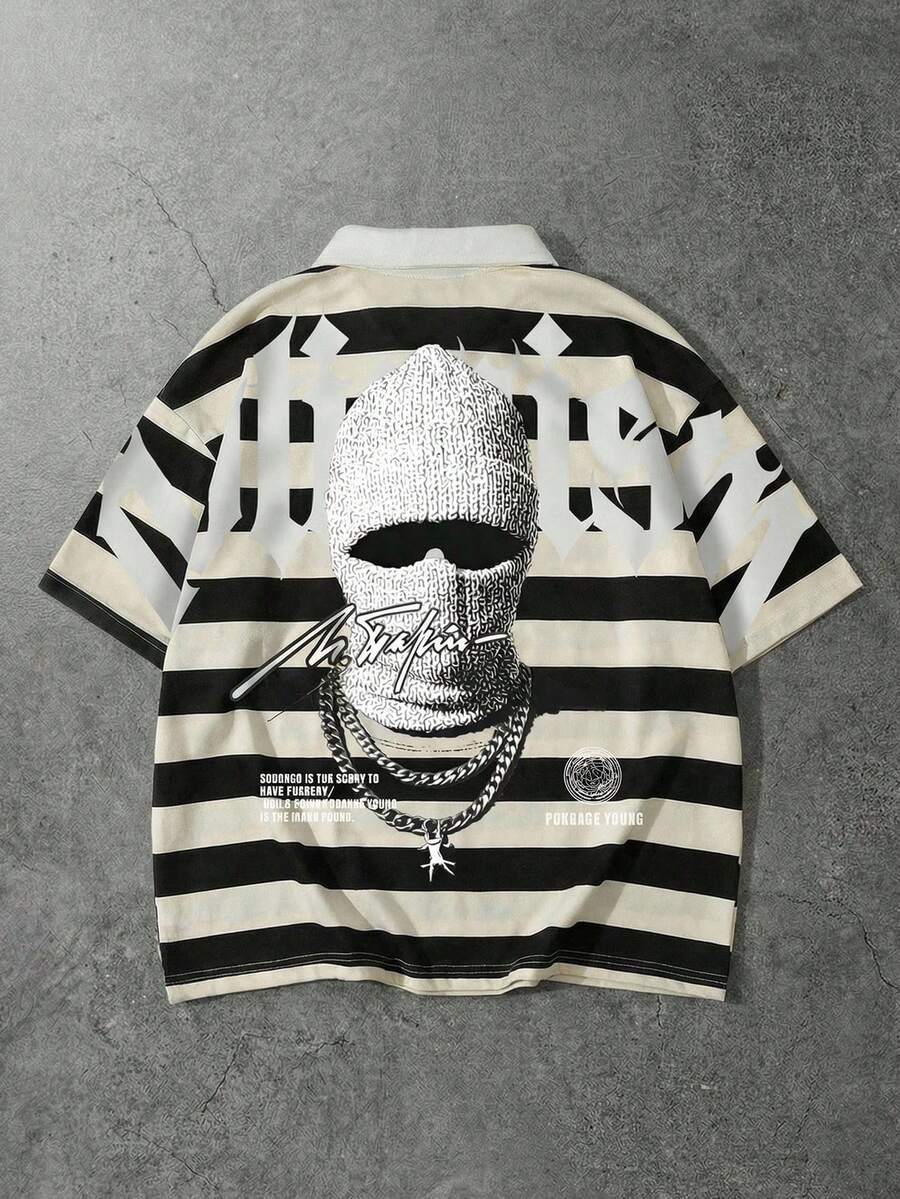 ROMWE MEN Men's Graphic & Striped Polo Shirt, Loose Fit Spring/Summer - Black and White - View 1