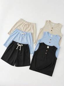 SHEIN 6 pièces Ensemble 2 pièces haut sans manches col rond et shorts pour enfants garçons, décontracté. Polyvalent pour l'école, le jardin, la plage, les anniversaires, le printemps/été/automne/hiver. Hauts assortis, ensembles de tenues pour garçons, ensembles de tenues pour adolescentes filles, hauts d'école, t-shirts pour enfants garçons - Multicolore - Voir 8