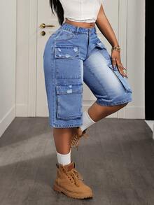 BamGleam Women's Pocketed Button Distressed Casual Versatile Daily Wear Wide Leg Cropped Jeans - Blue - View 5