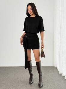 camiseta con detalle de anillo de drapeado, falda ajustada, hombros cuadrados, corte holgado, estilo urbano, lindo, elegante, casual, sexy, para salir, otoño, Navidad, Acción de Gracias, el - Negro - Ver 7