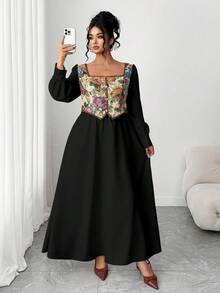 Elenzga Plus Size Women's Vintage French Style Color Block Long Sleeve 2 In 1 Dress, Suitable For Graduation, Holidays, Valentine's Day, Christmas, Music Festivals, Mother's Day, Halloween, Thanksgiving, Easter, National Day, Dances, Dates, Parties, Weddings, Outings - Black - View 6