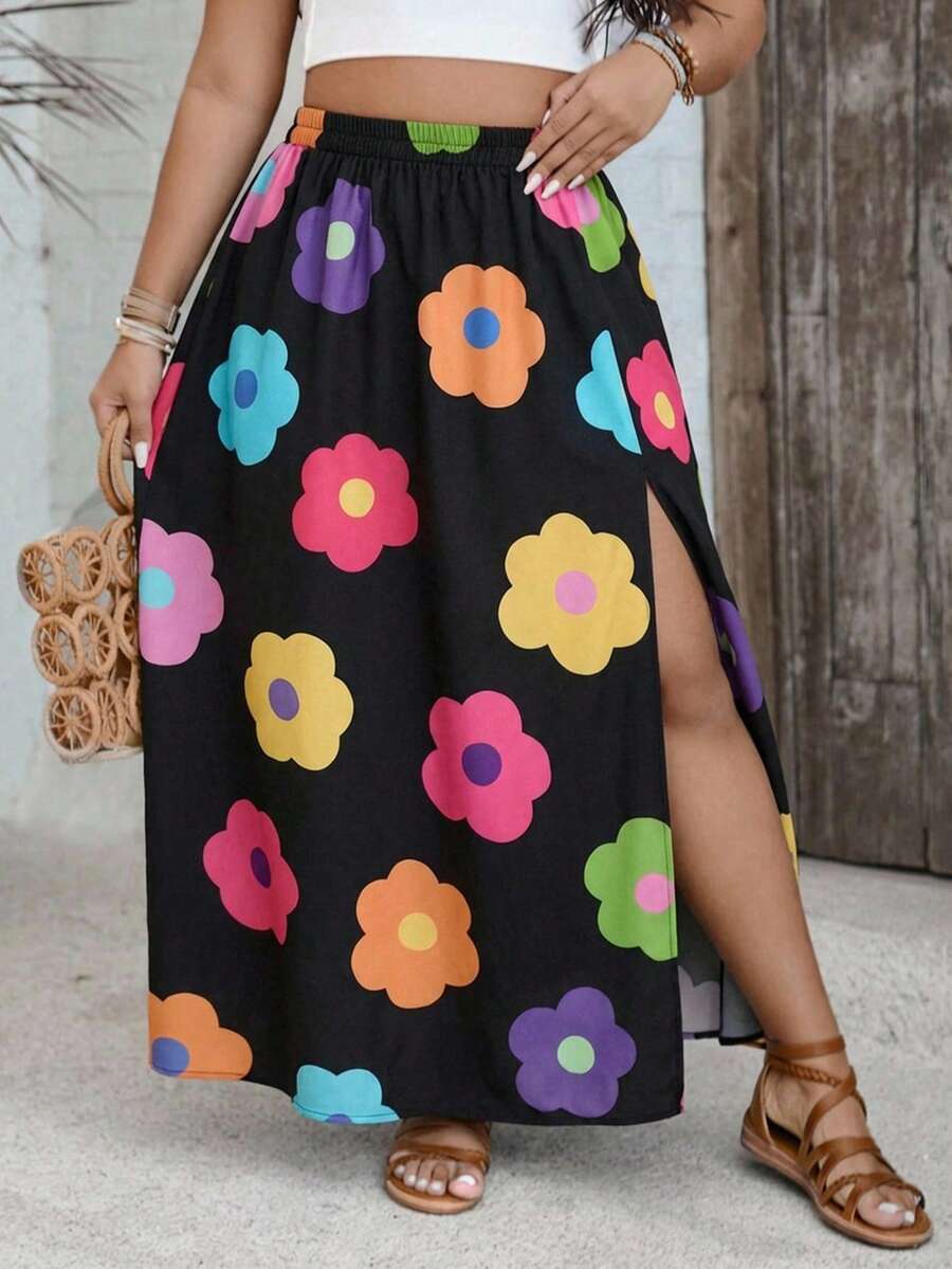 SHEIN VCAY Chân váy nữ cỡ lớn in họa tiết hoa nhiệt đới, cạp chun, xẻ tà bên hông, kiểu dáng thường ngày, thích hợp cho mùa hè. - Nhiều màu - Xem 1