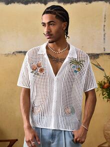 ROMWE MEN Street Life 男士短袖棕榈树刺绣镂空单排扣针织上衣 - 白色 - 查看 5